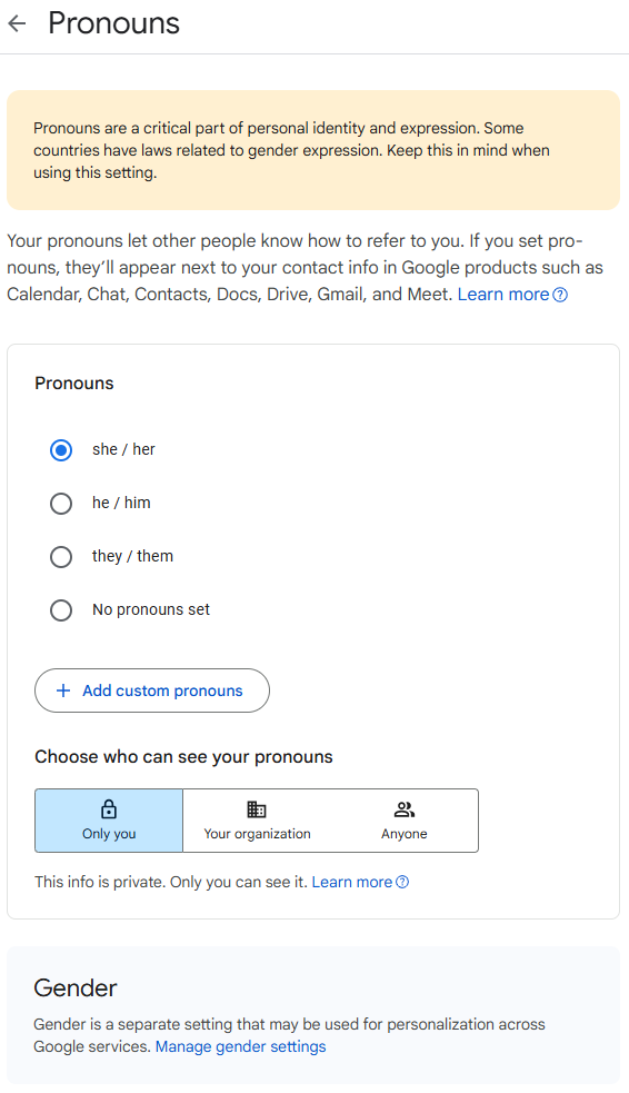 The settings behind setting up the pronouns in Google Meet. 